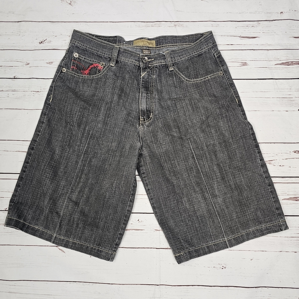 Vintage Delf Embroidered Pockets Distressed Denim Shorts Size 38 Y2K Baggy